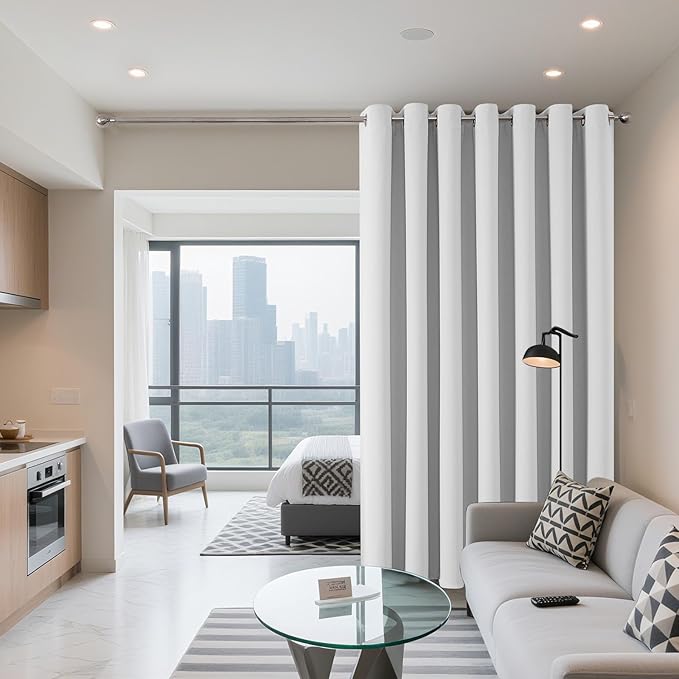 Joydeco Blackout Patio Sliding Door Curtains 96 Inches Long, Grommet Privacy Room Divider Curtains, Extra Wide Thermal Blackout Drapes for Bedroom Living Room (Greyish White, 80Wx96L, 1 Panel)