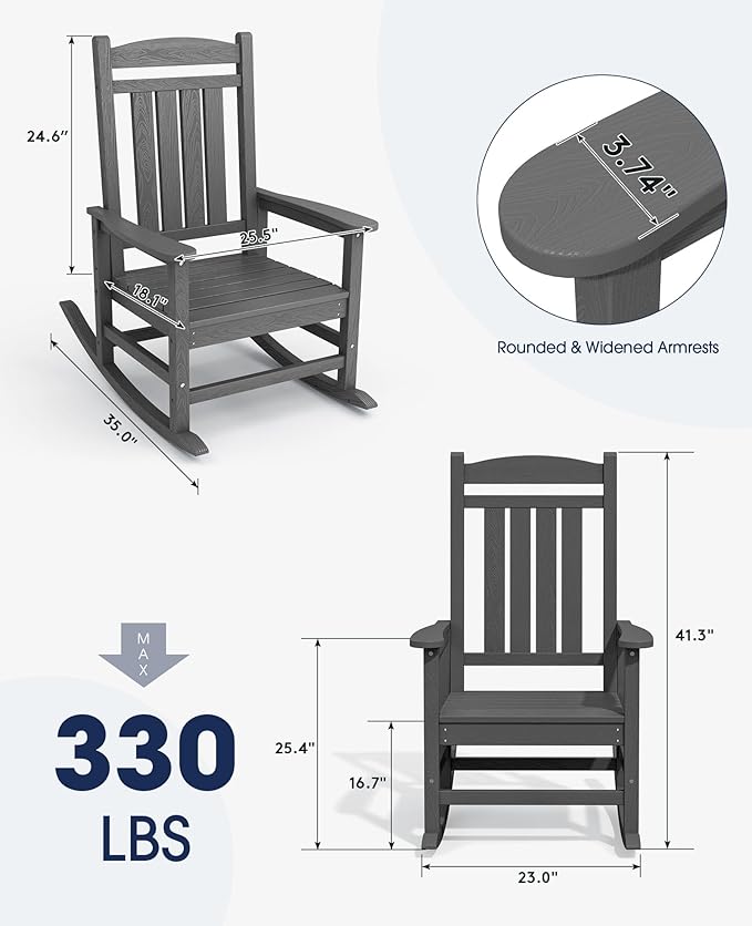 KINGYES HDPE Patio Rocking Chair Set of 2, Outdoor Rocking Chairs Porch Rocker for Adults, Grey
