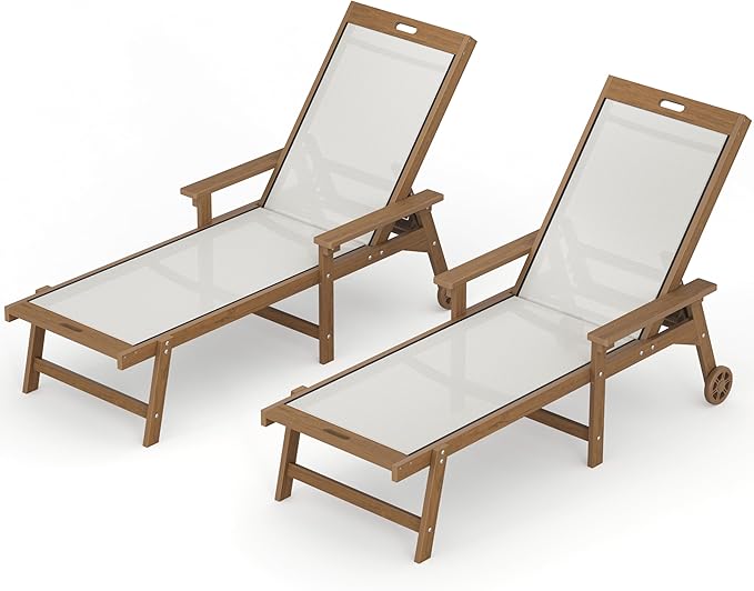 LUE BONA Chaise Lounge Chair Outdoor Set of 2, HDPS and HDPE Wicker Chaise Lounger with 5 Positions, Pool Lounge Chairs with Wheels and Adjustable Backrest for Patio, Poolside, Deck, Backyard