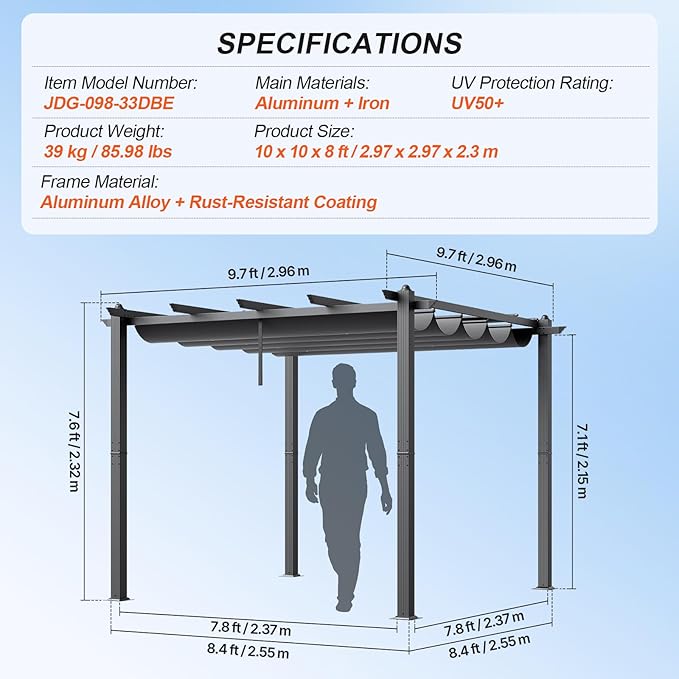 VEVOR 10'x10' Outdoor Retractable Pergola with Canopy, Aluminum Pergola with Retractable Canopy, Modern Style, Sun Shade for Patios, Gardens, Decks, Backyards (Gray)