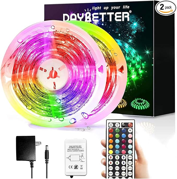 DAYBETTER Led Strip Lights Waterproof, 32.8ft(2 Rolls of 16.4ft) Led Tape Lights Color Changing 300 LEDs Light Strips Kit with 44 Keys Ir Remote Controller and 12v Power Supply for Indoor Outdoor Use