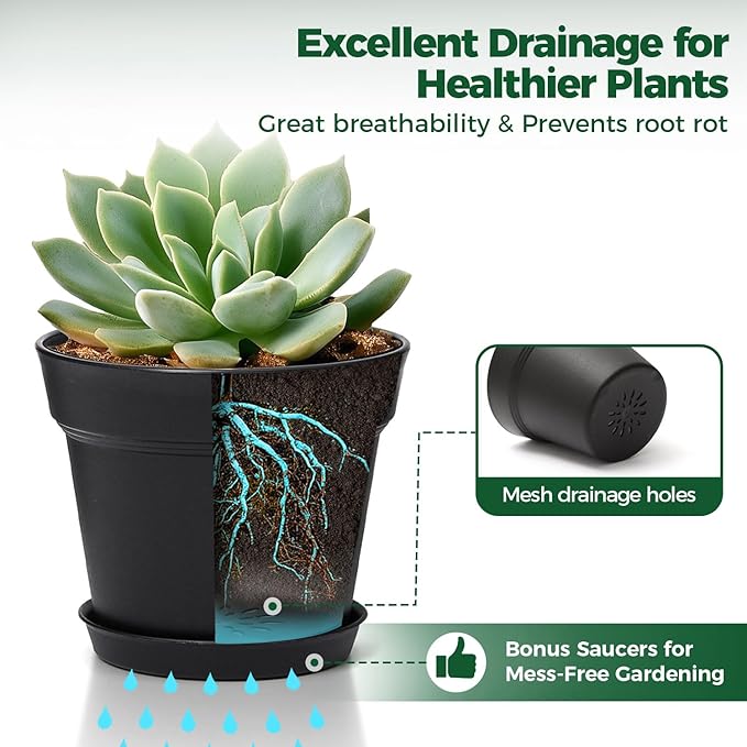 T4U 4 Inch Plant Pots 18-Pack, Small Flower Pots with Saucer and Drainage Hole, Durable Plastic Pots, Nursery Small Flower Pot Bulk for Plants, Succulent, Violet, Decorative (18 Pack 4" Pot, Black)