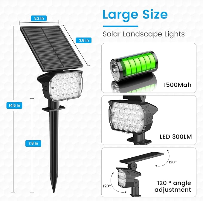 VOLISUN Solar Spotlight Outdoor, IP67 Waterproof Solar Landscape Spot Lights，Uplights for Yard Garden Pathway - 2 Pack (Cool White) 27 LED 3 Lighting Modes