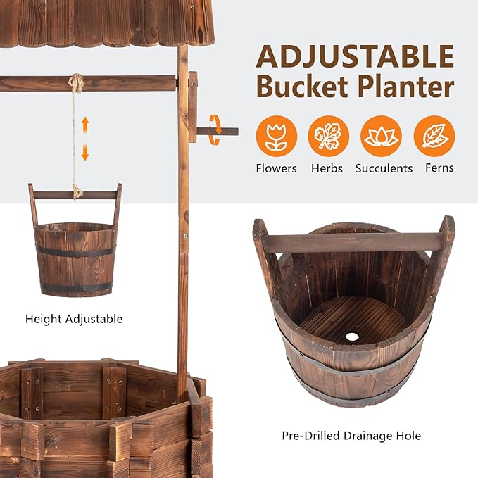 VINGLI Wooden Wishing Well Outdoor Planters, Well Covers for Yard with 4 Reinforced Rods, Height Adjustable Hanging Bucket, Rustic Flower Pot Home Decor for Outside Patio Garden