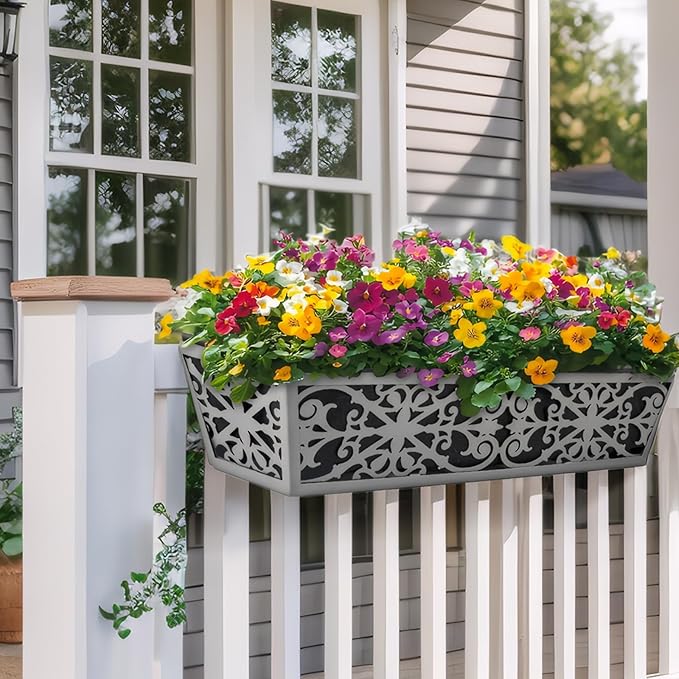 6 Pack 24 Inch Window Boxes Planter for Outdoor Plants Deck Railing Planters Box with Adjustable Brackets for Porch Fence Balcony Hanging Flower Baskets with Non-Woven Fabric Liner for Garden Decor