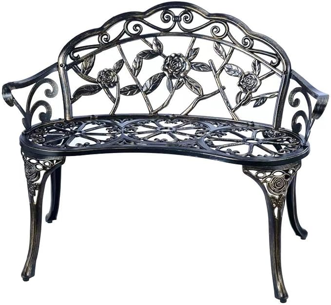 JARDIN DE CENTENNIAL Patio Garden Bench Metal Park Bench Cast Aluminum Outdoor Furniture with Floral Rose for Patio,Park,Lawn,Yard (Copper)