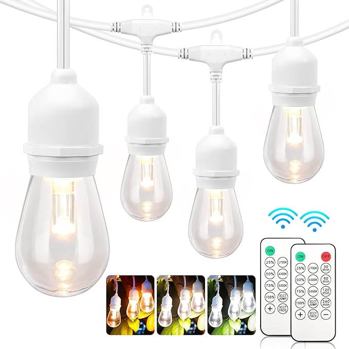 Mlambert 3 Color Outdoor LED Dimmable String Lights for Patio with Remote, Plug in 48FT Waterproof Shatterproof LED Bulb Light for Cafe-White Cord