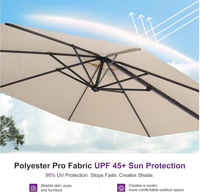 PURPLE LEAF 11 Feet Patio Umbrella with Base and Cover Round Outdoor Cantilever Umbrella Aluminum Offset Umbrella with 360-degree Rotation for Garden Deck Pool Patio Beige
