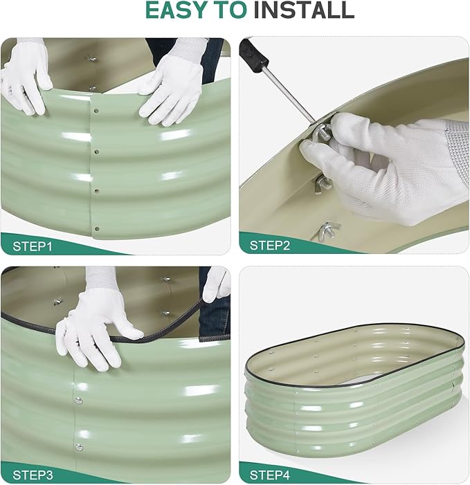 Galvanized Raised Garden Bed - 4×2×1ft (2 Packs) Planter Raised Beds for Gardening | Oval Metal Garden Planter Box with Safety Edging and Gloves for Vegetables Fruits Flower - AvocadoGreen