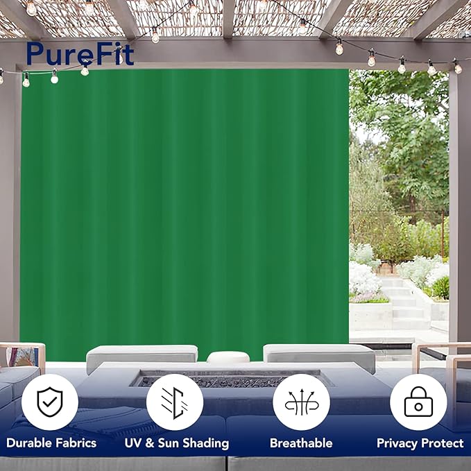 PureFit Outdoor Curtains for Patio Waterproof Weatherproof, UV Resistant Outside Curtains for Gazebo, Front Porch, Pergola, Sun Blocking Privacy Curtain, 120W x 108L inch, 1 Panel, Green