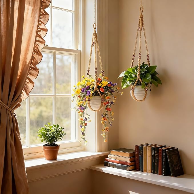 35 Inch Macrame Plant Hanger, Large for up to 15 Inch Pot Extra Long Hanging Planter Holder Basket with Wood Beads for Indoor Outdoor Home Decor (Brown, 2-Pack)
