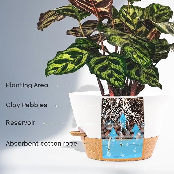 12-Inch Self Watering Planters with Drainage Holes, Large Flower Pots for Indoor Outdoor Plants, Garden Pots White
