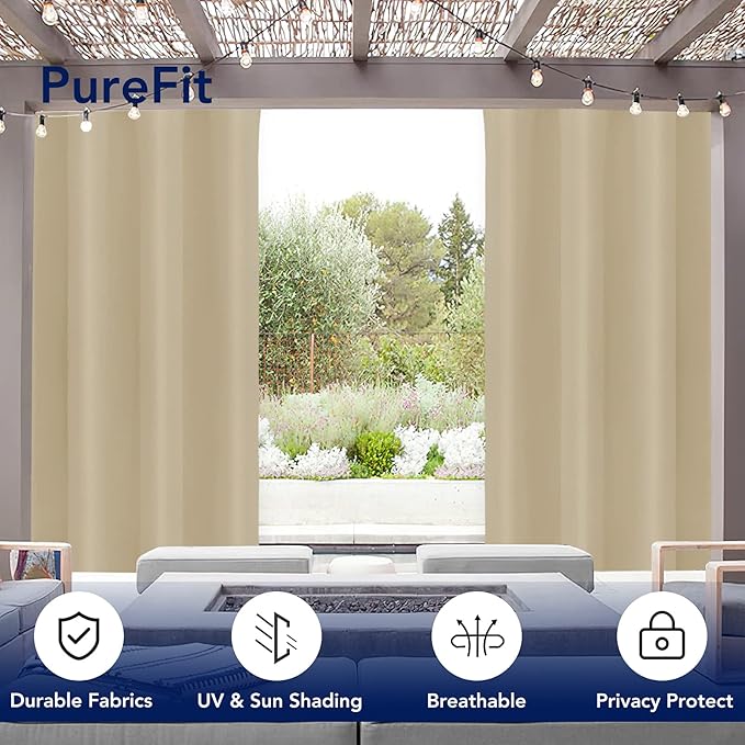 PureFit Outdoor Curtains for Patio Waterproof Weatherproof, UV Resistant Outside Curtains for Gazebo, Front Porch, Pergola, Sun Blocking Privacy Curtain, 52W x 84L inch, 1 Panel, Beige