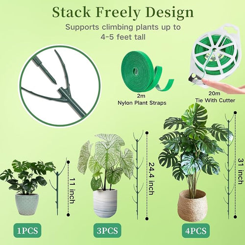 12 Pack Stackable Monstera Plant Support Stakes, 90inch Climbing Plant Sticks Structures with Garden Ties, Durable Alternative to Moss Pole for Indoor Outdoor Plants