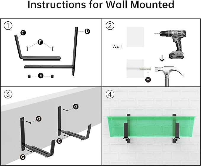 Y&M 2 Pack Adjustable Planter Box Brackets (6 to 12.5 in), Universal Window Box Brackets, Heavy Duty Iron Flower Box Wall Mounting Hooks for Balcony, Fences, Patio, and Garden - Black