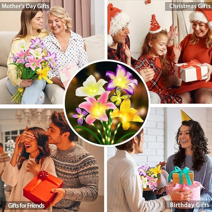 Solar Garden Lights 6 Pack LEDs Solar Lilies Flower Lights, Yard Patio Pathway Decoration High Flexibility Copper Wire Handmade Silk Artificial Flowers Never Wither, Gift for Family Friends