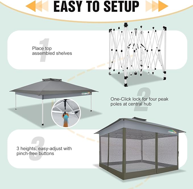 COBIZI Gazebo 13x13 Pop Up Canopy, Gazebos on Clearance - Canopy Tent with Mosquito Netting for Lawn, Garden, Backyard & Patio - Carpas para Patio- Water Resistant and UPF50+ (Gray)