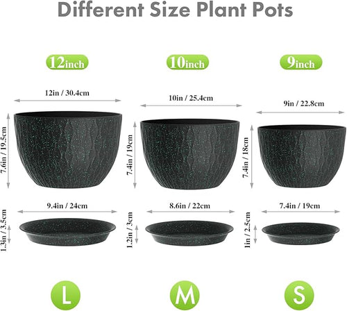 12/10/9 inch Large Plant Pots, 3 Pack Wide Flower Pots for Outdoor Indoor Plants, Water Ripples Plastic Planters with Drainage Holes and Saucers for Garden House, Black with Green Speckles