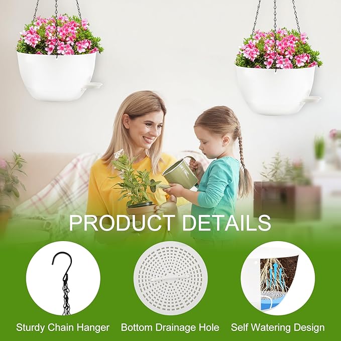12 inch Hanging Planters for Indoor Plants, 2 Pack Self-Watering Hanging Planter Pots with Chain and Drainage Holes, Outdoor Plastic Hanging Baskets for Garden Home Decor (White, 2pcs/12inch)