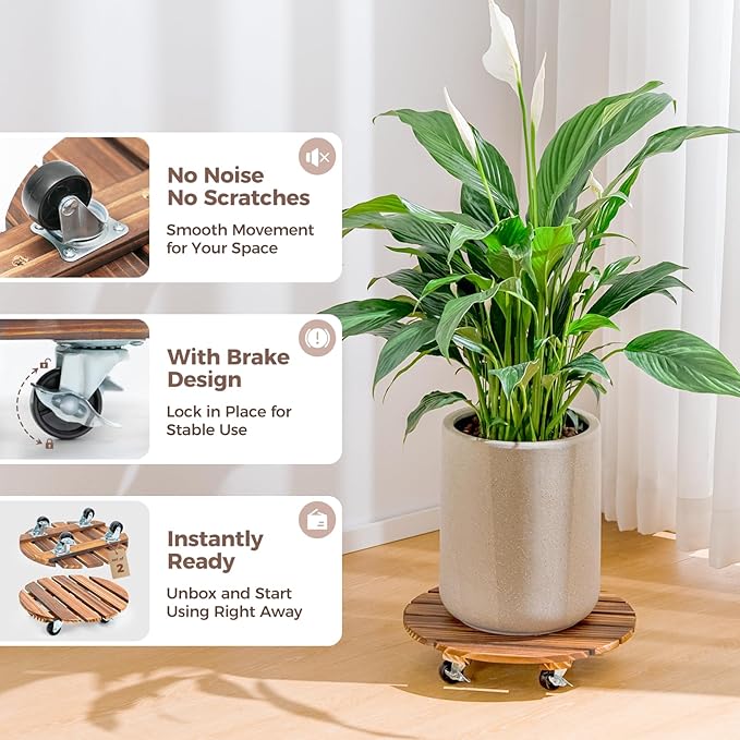 Bamworld14 Inch Wood Plant Caddy with Wheels – Heavy-Duty Plant Dolly with 240 Lbs Capacity, 360° Lockable Wheels for Large Plant Pots, Heavy Objects, Ideal for Indoor and Outdoor Use 2-Pack