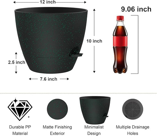 12 Inch Large Self Watering Pots, Flower Pots with Multi-Mesh Drainage Holes and Saucer, Planters for Indoor and Outdoor Garden Plants (Black with Green Speckles)