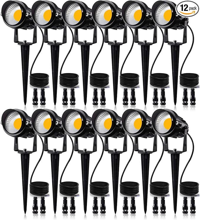 SUNVIE 12W Low Voltage LED Landscape Lights with Connectors, Outdoor 12V Super Warm White (900LM) Waterproof Garden Pathway Lights Wall Tree Flag Spotlights with Spike Stand (12 Pack with Connector)