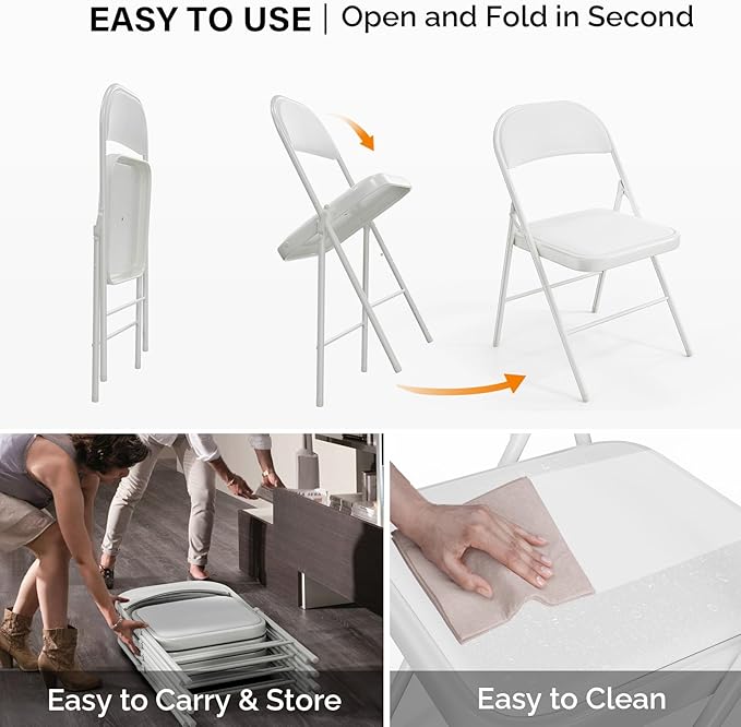 VINGLI 8 Pack Folding Chairs with Padded Seats, Metal Frame with Pu Leather Seat & Back, Capacity 350 lbs, White