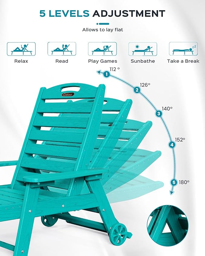 Outdoor Lounge Chair Set of 4, All Weather Patio Chaise Lounge Chair for Outside, HDPE Chair with Rolling Wheels & Cup Holder, 5 Position, Deck, Pool, Lake Blue