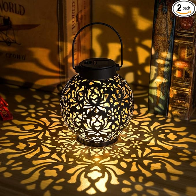 EXCMARK 2 Pack Outdoor Solar Hanging Lantern Lights Metal LED Decorative Lamp for Garden Patio Courtyard Lawn and Table with Hollowed-Out Design (Black)