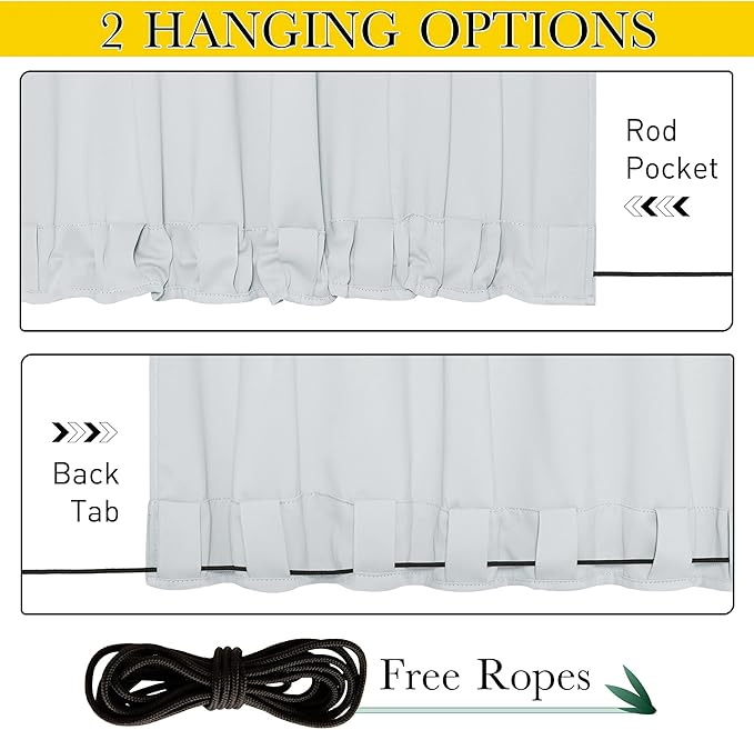 NICETOWN 2 Panels Outdoor Curtains with Grommet & Back Tab on top and Bottom for Patio Waterproof, Windproof Privacy Sound & Light Reducing for Cabana with Fixed Rope, W52 x L72, Greyish White