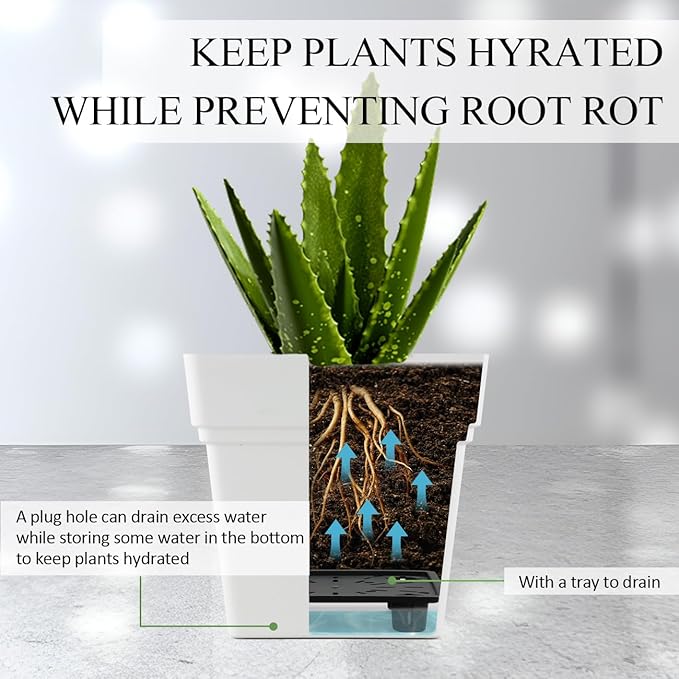 6-Pack 17" + 7" Window Box Planters & Square Pots - 4p Square Planters with Built-in Drainage & Stopper, 2p Rectangular Flower Boxes, Heavy-duty Flower Pots BPA-Free for Indoor Outdoor Gardening