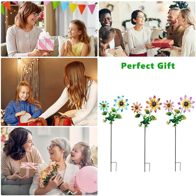 3 Pack Frog＆Flowers Garden Stakes Decor,Metal Yard Art Decorative Garden Stakes,Metal Flowers Spring Outdoor Decor for Mom,Women,Grandma