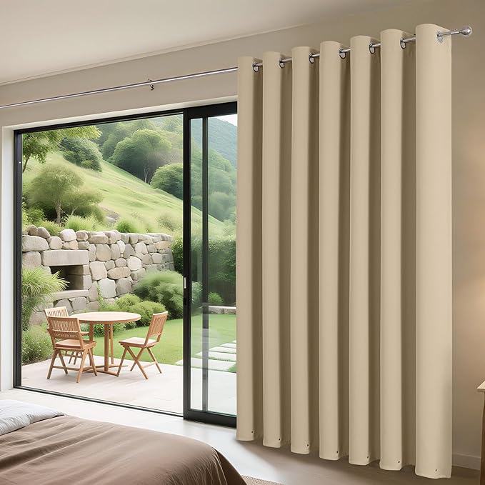 Joydeco Blackout Patio Sliding Door Curtains 108 Inches Long, Grommet Privacy Room Divider Curtains, Extra Wide Thermal Blackout Drapes for Bedroom Living Room (Light Beige, 60Wx108L, 1 Panel)