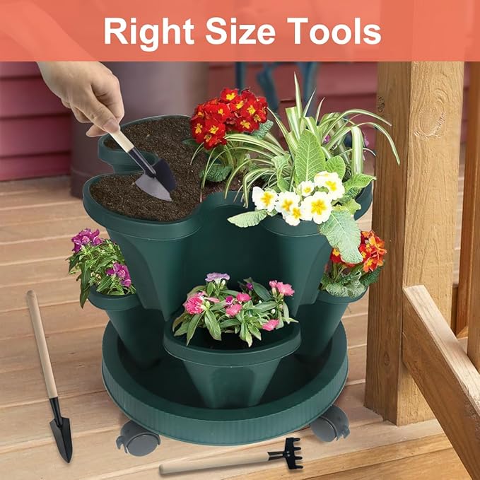 DUNCHATY Stackable Polypropylene Planters, 5-Tier, Pine Green, Indoor/Outdoor, 29" Height x 13.6" Diameter