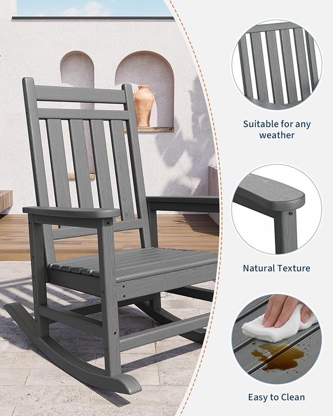 GarveeLife Poly Lumber Rocking Chair Outdoor Set of 4 with 2 Side Table - HDPE High Back Porch Rocker Chairs for Adults - All Weather Resistant Furniture for Patio - Gray