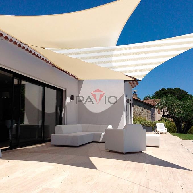Patio Paradise 10' x 10' x 10' Sun Shade Sail Triangle Canopy Shade Cloth Fabric Sunlight Block Patio Pergola Cover HDPE Deck Awning for Outdoor Backyard Roof Shading, Beige White Strip
