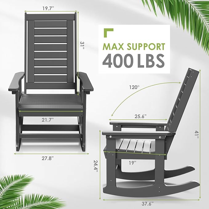 GREENVINES Outdoor Rocking Chairs | Set of 2 | Porch Rocker | HDPE Plastic | Grey | Oversized Rockers | High Back | Big & Tall | Ladder Back | for Patio Outside Backyard Balcony Garden
