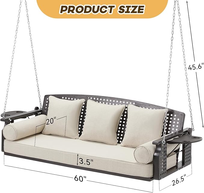 3 Seat Porch Swing, Patio Swing Bench with Cup Holders & 3 Back Cushions, Swing Chair with Chains for Deck Garden Backyard,Beige