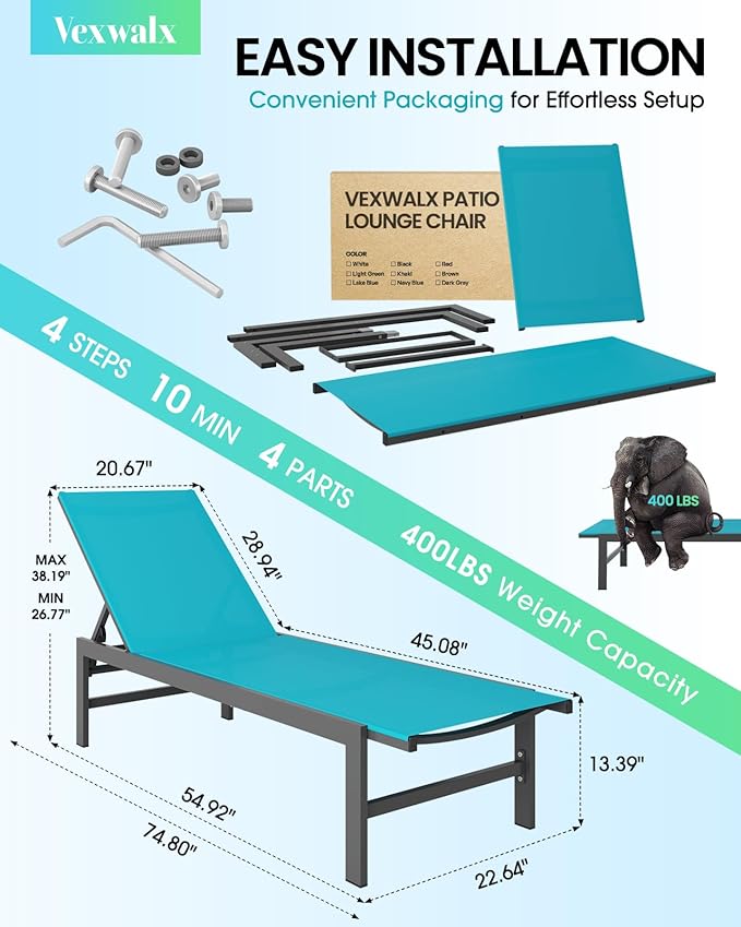 Outdoor Lounge Chairs Set of 2, Aluminum Patio Chaise Lounge Chairs with 5-Position Recliner, Pool Lounge Chairs for Backyard, Poolside, Deck, Lawn (Lakeblue)