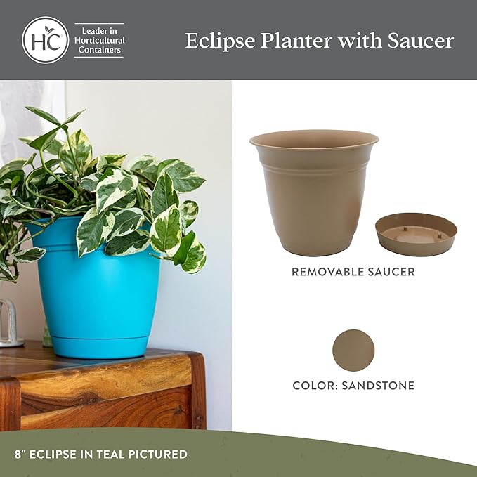 The HC Companies 16 Inch Eclipse Round Planter Pots with Drainage Holes & Attached Saucer, Lightweight UV-Resistant Plastic Indoor & Outdoor Planters, 2-Pack Flower Pots, Garden Home Decor, Sandstone