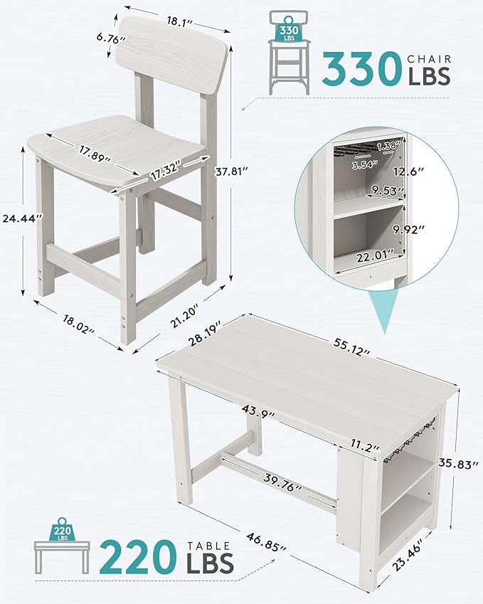 SERWALL 3-Piece Outdoor Counter Height Bar Set, HDPE Patio Bar Table with Wine Rack & Storage Shelf, 2 All-Weather Bar Stools, Patio Bar Dining Furniture Set for 3, White