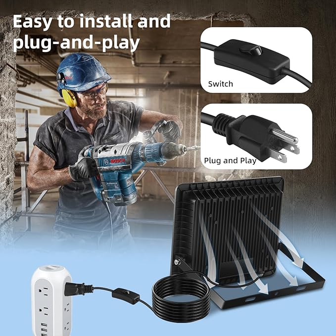 50W Flood Lights Outdoor,7000LM Bright LED Work Light,IP66 Waterproof Outside Lights for Yard with Switch and 6.5FT Plug,6500K Daylight White Outdoor Yard Light for Garage,Garden,Stadium(2 Pack)