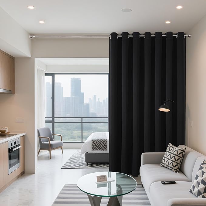 Joydeco Blackout Patio Sliding Door Curtains 90 Inches Long, Grommet Privacy Room Divider Curtains, Extra Wide Thermal Blackout Drapes for Bedroom Living Room (Black, 80Wx90L, 1 Panel)