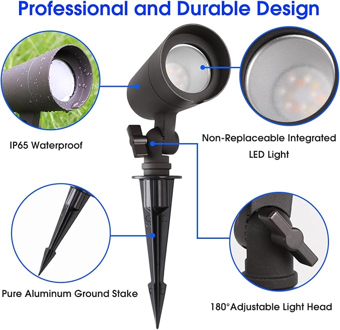 3CCT LED Landscape Lights with Connectors, 12V Low Voltage, 3000K/4000K/5000K Selectable, 3W, 200LM, Outdoor Waterproof Garden Pathway Lights Wall Tree Flag Spotlights with Spike Stand, 8 Pack
