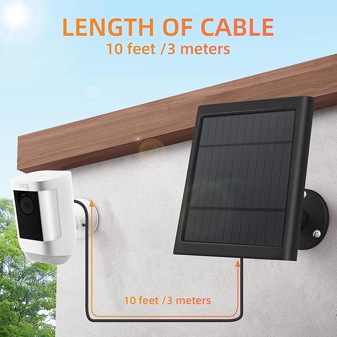 USB-C to Ring Barrel Plug 6Pack 4W Solar Charger for Ringing Spotlight & Stick Up Outdoor Cam, Black, High Efficiency, 10FT/3M Long Cable with IP65 dustproof and Waterproof