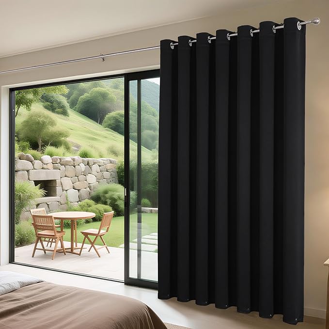 Joydeco Blackout Patio Sliding Door Curtains 96 Inches Long, Grommet Privacy Room Divider Curtains, Extra Wide Thermal Blackout Drapes for Bedroom Living Room (Black, 80Wx96L, 1 Panel)