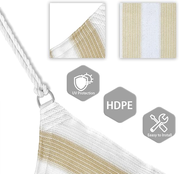 Patio Paradise 4' x 4' x 4' Sun Shade Sail Triangle Canopy Shade Cloth Fabric Sunlight Block Patio Pergola Cover HDPE Deck Awning for Outdoor Backyard Roof Shading, Beige White Strip