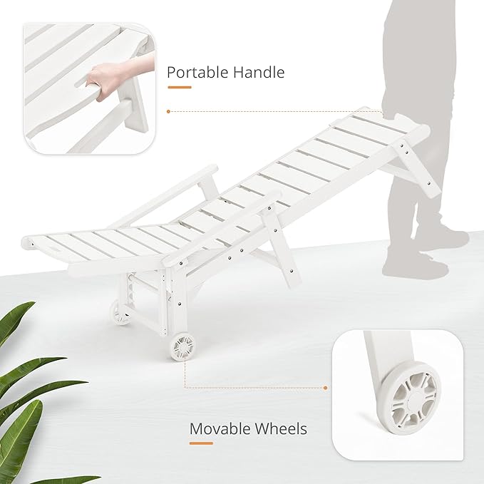 LUE BONA Chaise Lounge Chair with Table, 2-Piece, HDPS Chaise Lounger, 5 Positions Adjustable Lounge Chairs, Pool Lounge Chair with Wheels for Poolside, Backyard, White