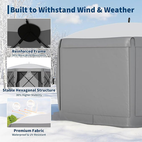 11.5x11.5FT 6-Sided Pop Up Gazebo Tent，One-Push Setup Canopy Tent with Mesh Panels & Removable Wind Cloths, Outdoor shelter for Camping, Backyard Parties, Outdoor Events - Grey