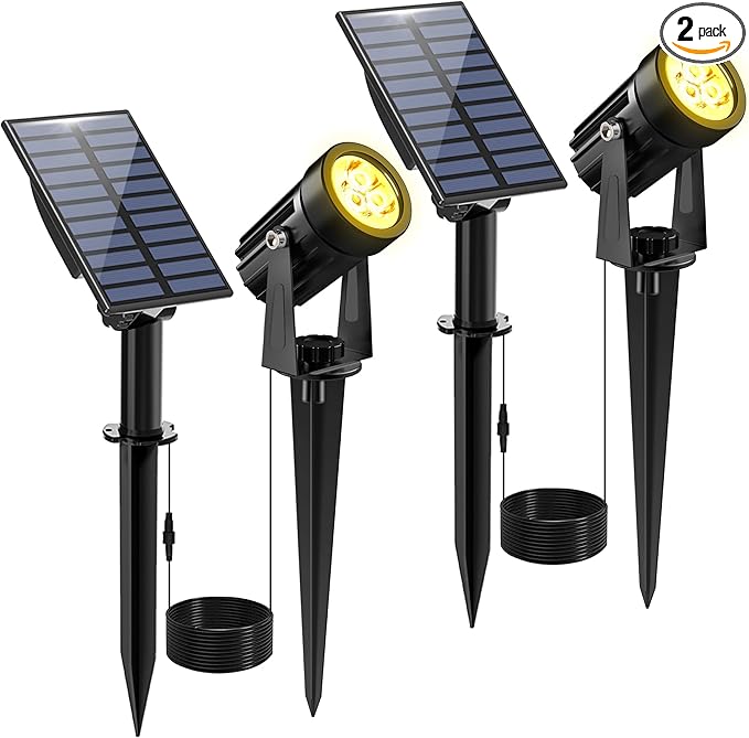 Solar Spot Lights Outdoor, 2 Pack Solar Landscape Spotlights IP65 Waterproof 9.8ft Cable, Auto On/Off Outdoor Wall Lights for Garden Yard Driveway Porch Walkway Pool (3000K Warm White)